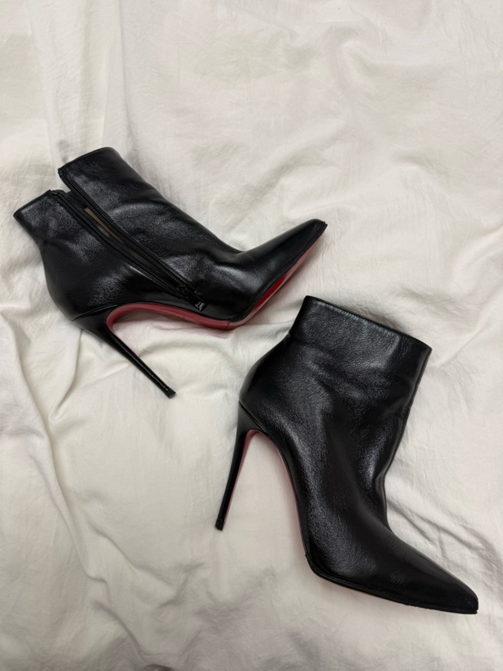 Christian Louboutin Black Leather Pointed Stiletto Ankle Boots with Red Soles
